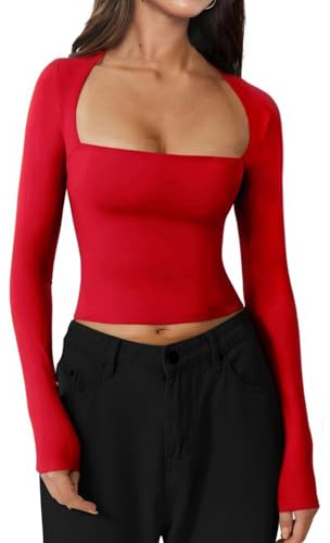 INFITTY Crop Tops for Women Basic Long Sleeve Y2k Tops Scoop Neck Slim Fitted T-Shirts