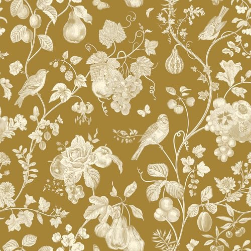 VEELIKE Tapete Blumen Senfgelb Vogel Blumentapete Vintage Fototapete Blumen Früchten Chinoiserie Tapete Schlafzimmer Badezimmer Mustertapete Selbstklebende Tapeten Wohnzimmer Muster 44.5cm × 300cm