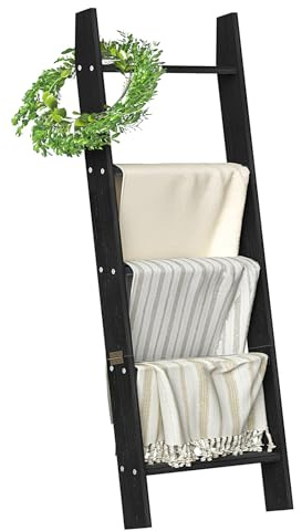 HONEST OUTFITTERS Blanket Ladders for The Living Room, 5-Tier Blanket Holder, Wall-Leaning Blanket Rack, Ladder Shelves, Wooden Quilt Ladder, Farmhouse Decor, Black
