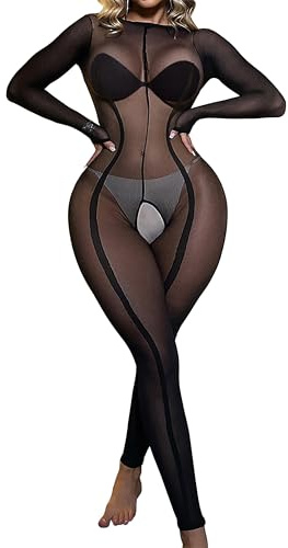 Mingnos Langarm Bodystocking Sexy Reizwäsche Ganzkörper Strumpfhose Damen Ganzkörperanzug Catsuit Ouvert Transparent Dessous Nylon body Bodysuit Schwarz