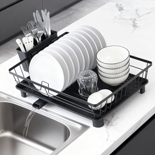 DPWEION Dish Drainer Rack for Kitchen-Space Saving Metal Dishes Drying Rack with Cutlery Holde & Drip Tray-Draining Board Racks(43x32.5x15cm,Black)