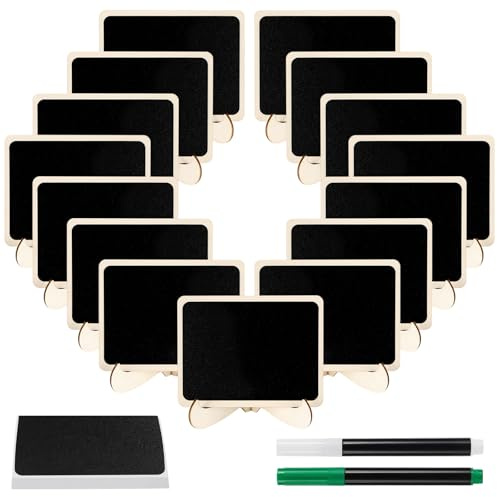 Vasmeiy 15 pizarras pequeñas con soporte, con marcador de tiza y pegatinas, pizarras expositoras de madera para tarjetas de mesa, cumpleaños, tarjetas de lugar, bodas, etiquetas de precio, carteles de