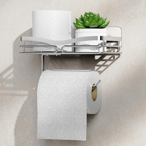 ZUNTO Porta Carta Igienica da Parete con Ripiano, Portarotolo da Bagno con Mensola, Installazione a Perforazione o Adesivo, Argento