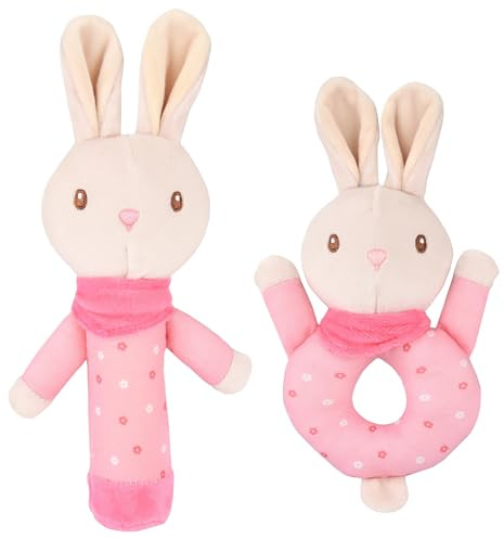 2Pcs Soft Rattle Toys for Babies 0-6 Months,Baby Soft Rattle Sensory Toys,Plush Animal Hand Rattles Toys,Babies Sensory,Early Developmental Newborn Baby Birthday Gift,Girls Boys Baby (Pink Rabbit)
