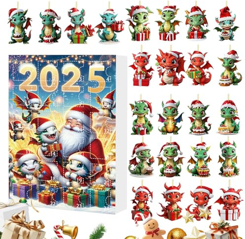 Fogukier Drake julkalender 2025, 24 dagar nedräkning 2D akryl dekorkalender – söt drake julgransprydnader, för hem vägg dörr fönster semester barn vuxna festgåvor