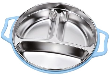 VBESTLIFE Mattallrik i Rostfritt Stål för Barn med 3 Fack, Skållningsskyddande Handtag, Droppbeständig för Dagis (Blå barntallrik med lock)