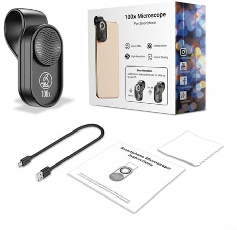Microscopio de teléfono móvil 100X con iluminación LED, óptica F1.8 de 4 lentes, diseño compacto de clip para inspección detallada, lupa portátil para estudiantes y aficionados