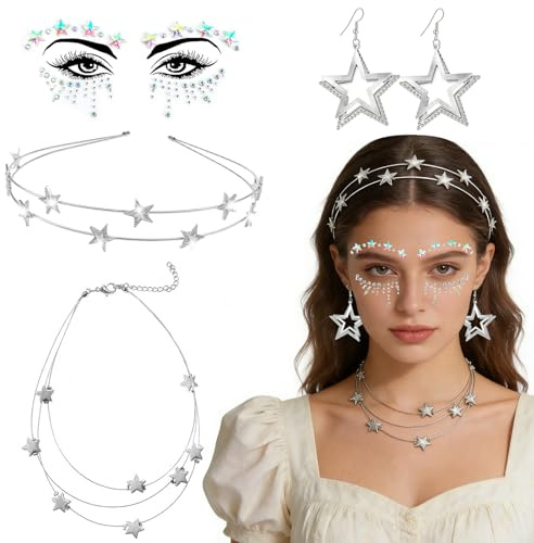 HTTDSLF Karneval Faschingsfeier Haarreif Sterne Silber Stirnband Halskette Ohrringe und Gesicht Tattoo Haarreifen für Damen Mädchen Glitzer Haarschmuck für Halloween Cosplay Geburtstag Kostümparty
