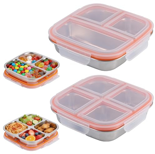 2-Pack Stainless Steel Snack Boxes with Compartments, 3&4 Grid Lunch Box | Leakproof Bento Box, Metal Food Container with Lids for Kids Adults, Meal Prep Containers for School Work Travel (600+700ML)