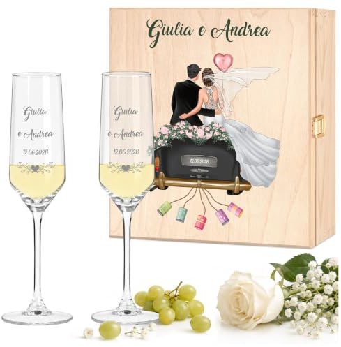 Maverton Calici Champagne in Scatola di Legno Personalizzata | Calici Vino Bianco o Prosecco con Incisione Regalo Sposi, Bicchieri Regalo Anniversario Matrimonio per Coppia