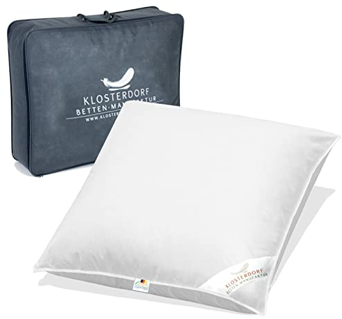 Klosterdorf Bettenmanufaktur Premium Dreikammer Kopfkissen ''fürstlich'' - 80x80 cm - 1000 Gramm - Handarbeit aus Deutschland - Gesund schlafen - Daunenkopfkissen Daunenkissen 3-Kammer Kissen
