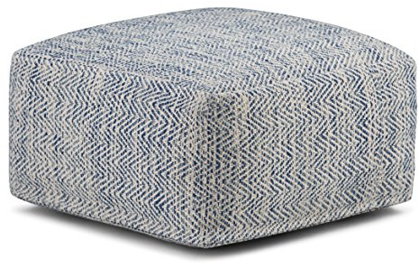 SIMPLIHOME Nate Square Pouf - 20 inch Wide Upholstered Handwoven Cotton Ottoman in Patterned Denim Melange, Boho Footstool or Extra Seating for Living Room with Artisanal Texture, Assembled