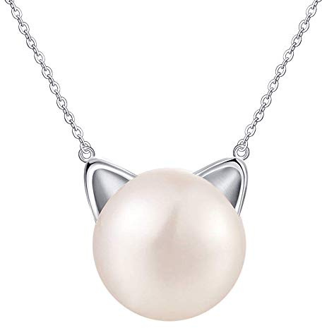 Unendlich U Fashion Damen Halskette 925 Sterling Silber Perle Katzen 7.5mm Perlen Katze Anhänger Kette Süßwasser-Zuchtperlen mit Katzenohren