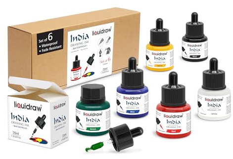 Liquidraw Waterproof Coloured Drawing Ink with Dropper | 6 x 35 ml Bottles | Set of Assorted Colours | India Ink for Calligraphy, Pens, Brushes & Dip Pens | Ideal for Drawing, Writing & Art Projects