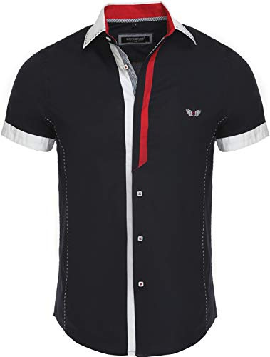 Carisma, Camicia da uomo a maniche corte, stile casual / business, camicia a contrasto, vestibilità slim con colletto all'italiana 9007, Nero , L