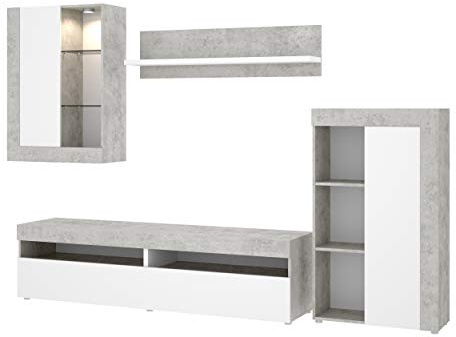 Mobelcenter - Mueble de Salón Tokio - Módulo TV, Módulo con estantes, Módulo Superior y Estante - Acabado en Color Cemento y Blanco - Medidas: Ancho: 254 cm x Alto: 112 cm x Fondo: 42 cm - (1200)