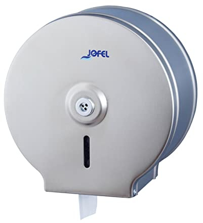 Jofel - Mittelgroßer industrieller Toilettenpapierhalter, Rollenpapierspender bis zu 300m, max. 220mm Durchmesser, 18 bis 55mm Kern, Gehäuse Edelstahl satiniert, Classic AE21300
