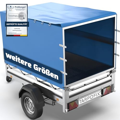 Tarpofix® Anhänger Plane 210x115x130 cm | Stema Hochplane für PKW-Anhänger | Anhängerplane aus PVC, inkl. Planenseil | randverstärkt & wetterfest | Abdeckplane Anhänger für 500-850 kg Hänger | Blau