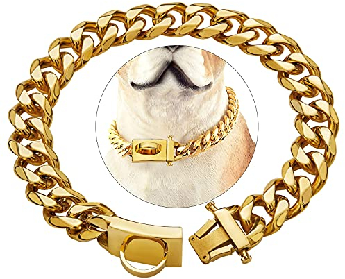 Hundehalsband aus Gold mit Schnalle für sicheres Design, kaufest, Leinenhalsband aus robuster Trainingskette aus rostfreiem Stahl (18'', Gold)