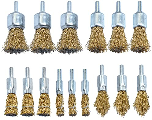 Brass Coated Crimped Wire Wheel Brush Set,End Brush Cleaning Rust Stripping Drill Attachment,6mm Shank for Drill (15pack)