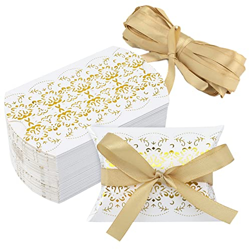 50 Stück Hochzeit Gastgeschenk Kartonage Box - Pralinenschachtel Geschenkboxen - Geschenkverpackung Tüten - mit 50 Stück Bänder für Hochzeit