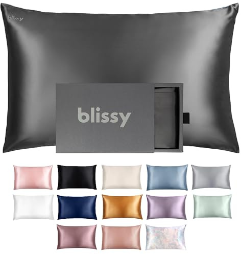 BLISSY Silk Pillowcase - 100 Percent Pure Mulberry 22 Momme 6A High-Grade Fibers Satin for Hair & Skin Regular, Queen King Size Pillow Case with Hidden Zipper Moisture Wicking, Gray