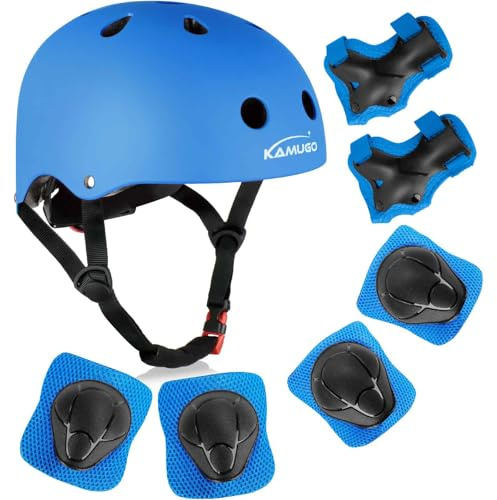 KAMUGO Enfants Casque de vélo pour Les âges 2-8 garçons avec Filles équipement de Protection de Sport Genou coude Poignets pour Skateboard vélo Scooter Patins Ligne (Blue)