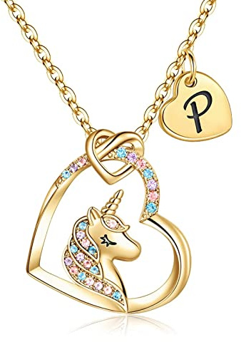 TINGN Einhorn Geschenk für Mädchen, 14 Karat Gold Vergoldet Herz Anhänger Einhorn Kette Halskette Mädchen Gold Einhorn Buchstaben Kette Einhorn Schmuck Geburtstagsgeschenke für Mädchen Tochter Nichte