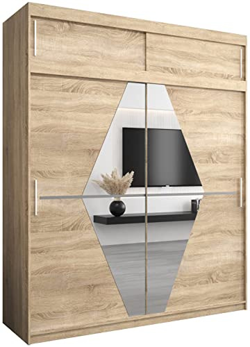 ABIKSMEBLE Boliwia 200 Armoire à Deux Portes Coulissantes pour Chambre à Coucher - Moderne Armoire de Rangement avec Miroir, Tringle et Étagères - 200x240x62 cm (L x H x P) - Sonoma avec Extension