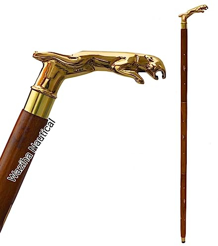 Bastone da passeggio in ottone con manico a testa di giaguaro in stile antico bastone da passeggio in ottone dorato manico in ottone stile antico canna regalo in legno