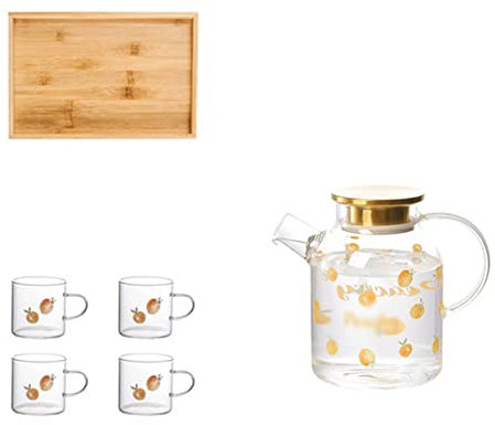 GRFIT Carafe Eau Verre Cold Bouilloire Set Transparent Couper Couper Kits avec Plateau de Base en Bois Théière Théière Thermique Bouilloire Tea Pot et Coupe-Tasse Pichet à Thé Glacé (Color : D)