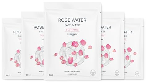 by Amazon Masque en tissu pour le visage fortifiant à l'eau de rose, 18 ml, Lot de 5