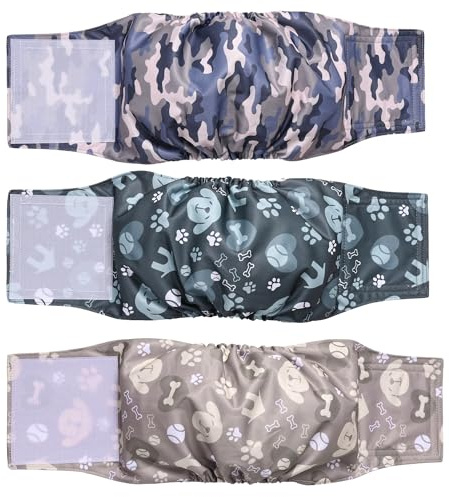 Beilei Creations Premium waschbare Bauchbänder für Rüden, (3er Pack) von Hundewindeln & Hundebauchbänder (L, Dog&Camo)