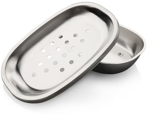 Stainless Steel Soap Dish with Double Layer Draining for Bathroom, Chrome Brushed Nickel Soap Box with Drainage, Shower Countertop Tray (Dots)