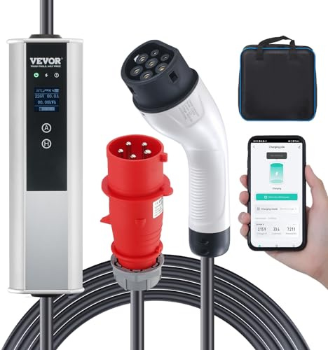 VEVOR Cargador Portátil para Vehículos Eléctricos Tipo 2 IEC6219 Cargador para Coche Eléctrico 32 A 7,36 kW Monofásico 22 kW Cable de Carga Trifásico 7,5 m CEE 32 Enchufe LCD IP66 con Bolsa Gancho