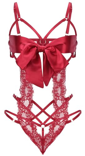 Kvinnor sexiga underkläder set packa upp mig fluga underkläder spets slätt band underkläder för damer alla hjärtans outfit, Röd, one size