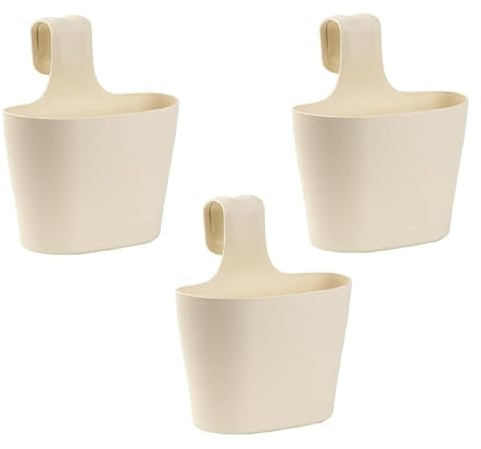 Engelland 3 x Blumentopf zum Auf-Hängen, Geländertopf, Beige, Hängetopf, Balkon-Kasten, oval, Übertopf, Pflanzkasten, mit Wasserspeicher/Wasserauffangschale, 2,8 Liter