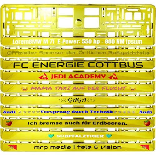 2 Stück Kennzeichenhalter Chrom GELB mit Wunschtext Beschriftung Werbung Spruch Bedruckt