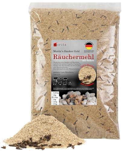 Moritz 2,5 kg di farina per affumicatura di faggio con chiodi di garofano, 0,5 – 1 mm, affumicatura a freddo di pesce, carne, salsiccia, formaggio, verdure, anche per barbecue, barbecue – trucioli di