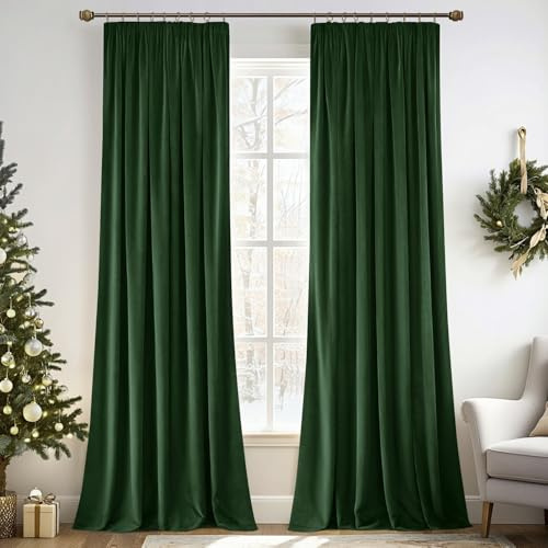 MIULEE Samtvorhang Kräuselband Blickdicht 2er Set Dunkelgrün 140x280cm | Samtvorhang schwer blickdicht, thermische Isolierung, Kräuselband, edler Look für Wohn- und Schlafzimmer