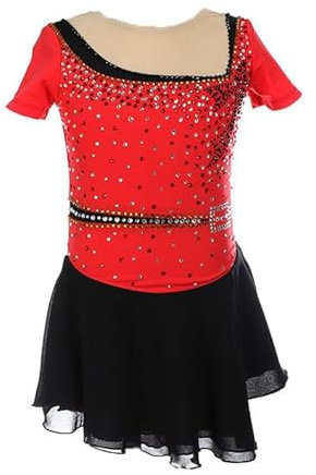 YDHTIZ Kurzärmeliges Trainings Eislaufkleid Für Damen Eiskunstlauf Wettkampf Kostüm Für Mädchen Ballett Tanz Bühnenaufführungsrock Hohe Elastizität,Rot,XXXL