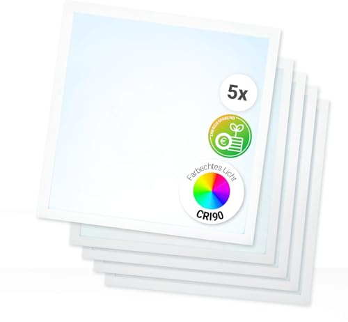 5x LED Panel 62x62cm 5000K Neutralweiß CRI90 Hohe Farbwiedergabe | 25W 3750lm Rasterleuchte Deckenleuchte Energieeffizient flimmerfrei Netzteil BLs2.0