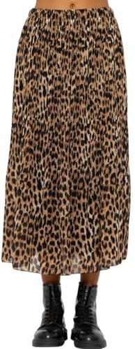 SASSYCLASSY Langer Plissée Leoparden Rock Damen Elegant - Midi Leo A-Linien Rock Aus Fließendem Chiffon Mit Elastischer Taille - Animal Print in Gelb, Braun, Schwarz - Größe L
