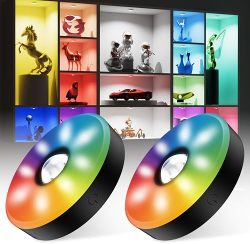MEKKLEON RGB Schrankleuchten mit Fernbedienung, 15 Farben LED Schrankbeleuchtung, Magnetisch Dimmbar Led Unterbauleuchte, Kabellos Vitrinenbeleuchtung mit Timing Funktion(Schwarz,2 PACK)