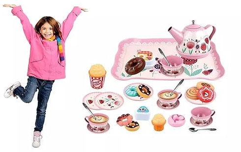 14 Pieces Tin Tea Set Pretend Play Tea Party Toy