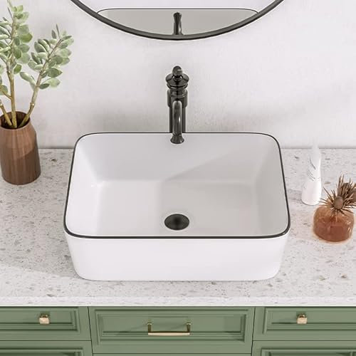 Vasque à Poser Salle de Bain DeerValley Rectangulaire Au-dessus du Comptoir Corps, Vasque a Poser Salle de Bain, Blanc Bordure Noire Lavabo Salle de Bain 475mm*375mm