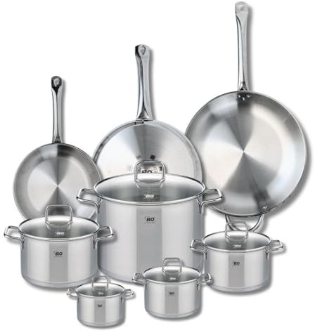 ELO 9513850 Batterie de cuisine 8 pièces, Ensemble de 3 Poêles de cuisson 24, 28 et 32 cm et 5 faitouts 12, 14, 16, 20 et 26 cm Elo Profi Citrin, inox, induction, Gris