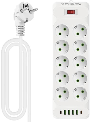 10 Fach Steckerleiste: Steckdosenleiste mit 4 USB Ladeanschlüsse + 2 Type-C, Verteilersteckdose Wandmontage, Steckerleiste mit Schalter, 10 Fach Power Strip mit 2M Kabel für Büro, Hause und Reisen