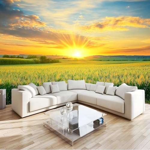 3D Effekt Fototapete Impressionismus Feld Sonne Wolken– Vliestapete Uv-Beständig Für Wohnzimmer, Schlafzimmer, Tv Wand – Ausblick Wandtapete Modern 200 X 140 Cm