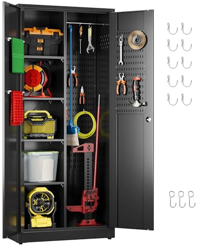 Aobabo Broom Closet Storage Cabinet, Lockable Garage Storage Cabinet for Home Garage, 61.61 H×27.55 W×13.77 D, Assembly Required, Black